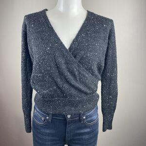 Madewell Cozy Preppy Sweater XS Faux Wrap Gray Wool Blend Charcoal V-Neck